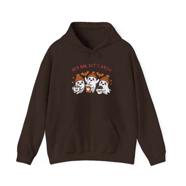 Brown hoodie with ghost and pumpkin design on a white background