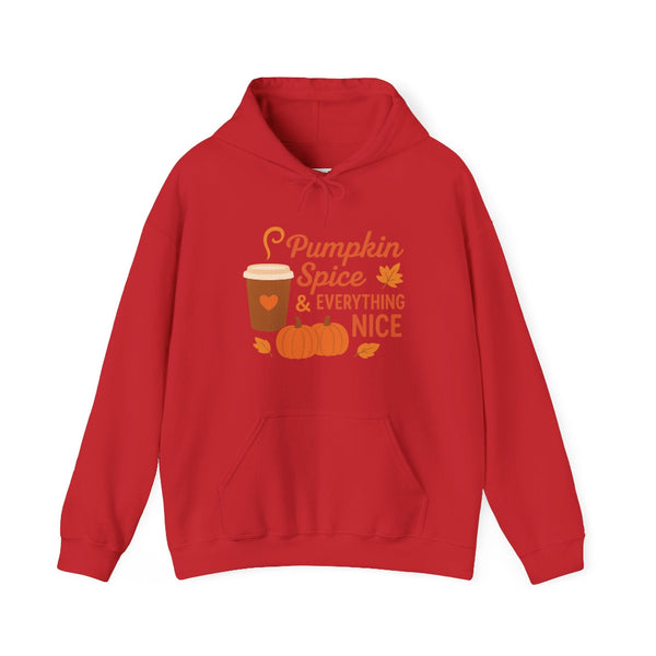 Red hoodie with 'Pumpkin Spice & Everything Nice' text and graphics on a white background