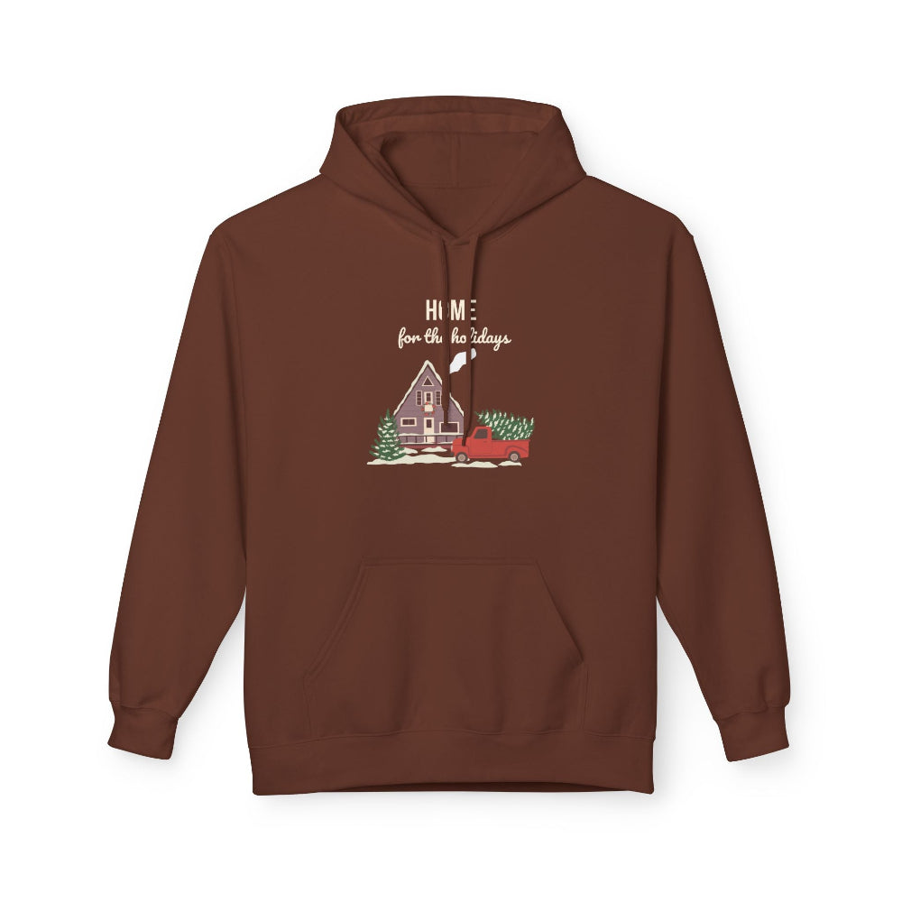 Brown hoodie with a Christmas-themed design on a white background