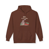 Brown hoodie with a Christmas-themed design on a white background