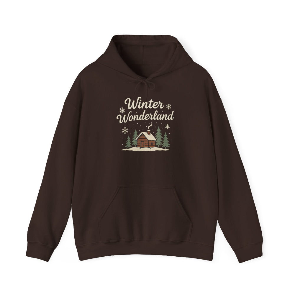 Brown hoodie with 'Winter Wonderland' design on a white background