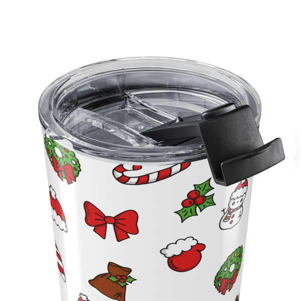 White tumbler with Christmas-themed designs on a white background