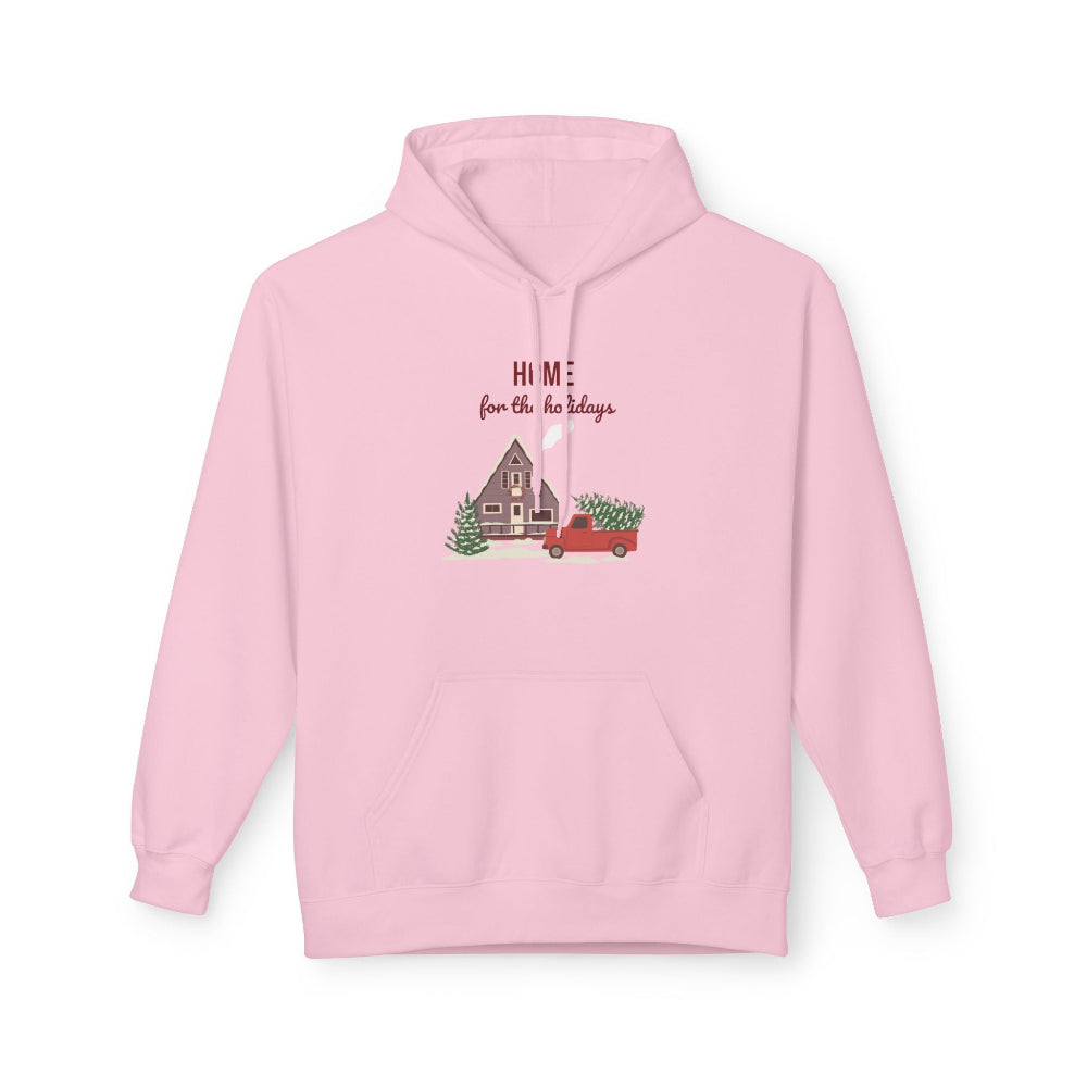 Pink hoodie with a Christmas design and text on a white background