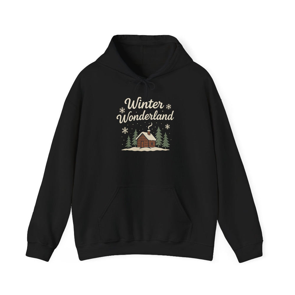 Black hoodie with 'Winter Wonderland' design featuring a cabin and trees on a white background
