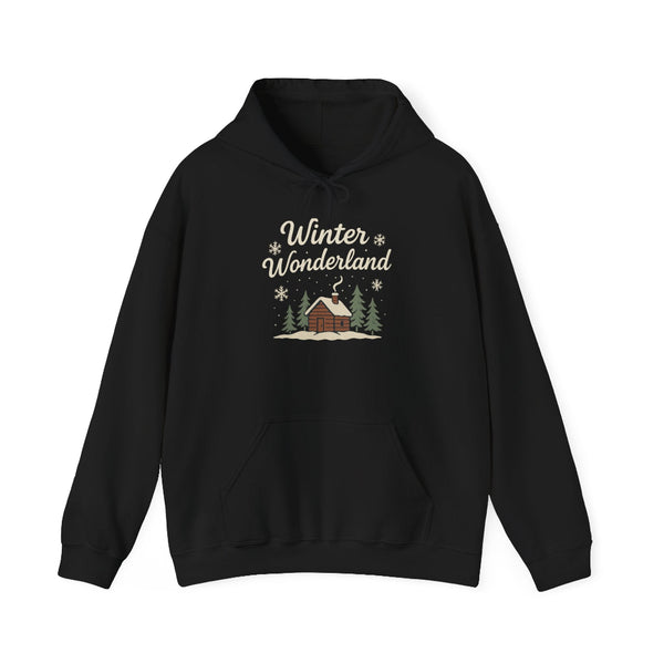 Black hoodie with 'Winter Wonderland' design featuring a cabin and trees on a white background