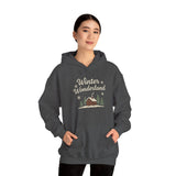 Person wearing a dark gray hoodie with 'Winter Wonderland' design on a white background