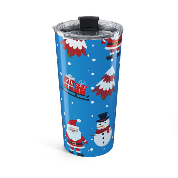 Tumbler with Christmas design featuring Santa Claus, snowflakes, and presents on a blue background.