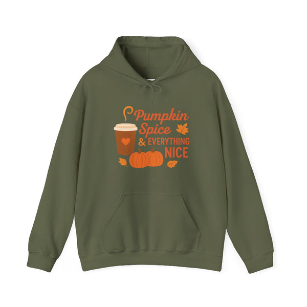 Green hoodie with 'Pumpkin Spice & Everything Nice' text and graphics on a white background