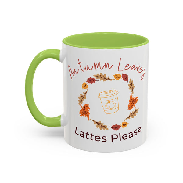 Mug with autumn-themed design and text on a white background