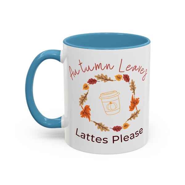 Mug with autumn-themed design and text on a white background