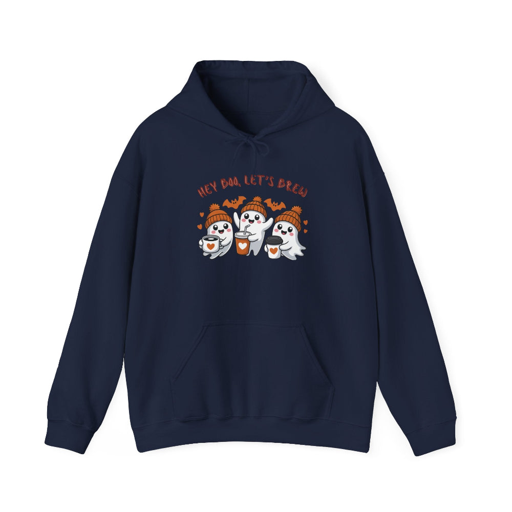 Navy blue hoodie with Halloween-themed design on a white background