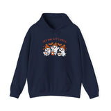 Navy blue hoodie with Halloween-themed design on a white background