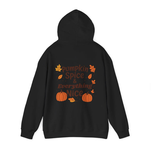 Black hoodie with 'Pumpkin Spice & Everything Nice' text and pumpkins on the back against a white background