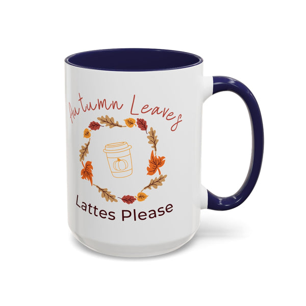 White mug with blue interior and handle, featuring autumn-themed text and graphics.