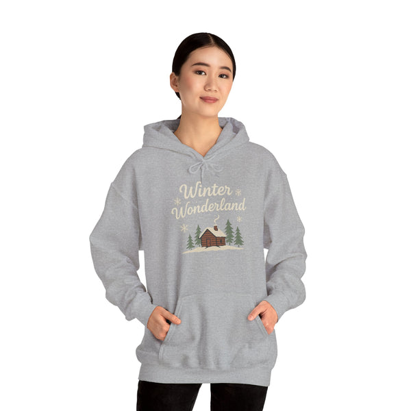 Person wearing a gray hoodie with 'Winter Wonderland' text and cabin graphic on a white background