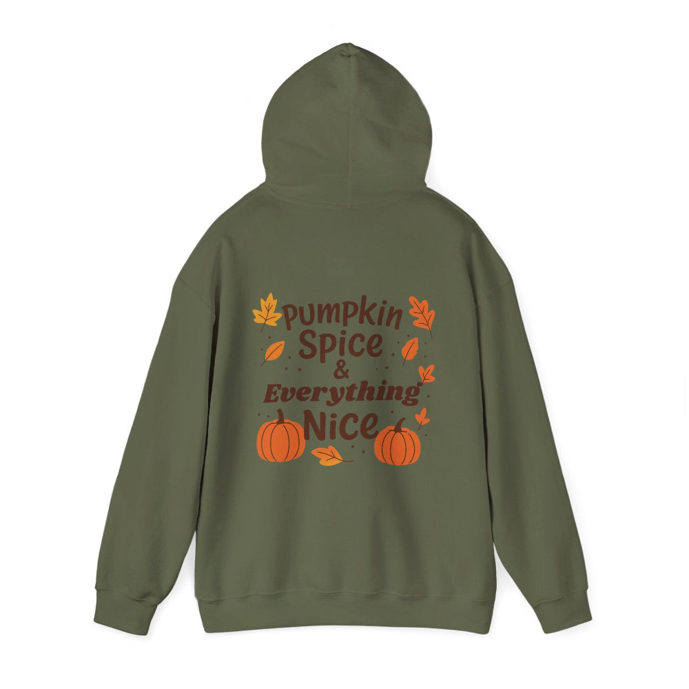 Green hoodie with 'Pumpkin Spice & Everything Nice' text and pumpkins on the back, on a white background
