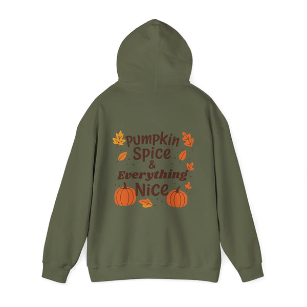 Green hoodie with 'Pumpkin Spice & Everything Nice' text and pumpkins on the back, on a white background