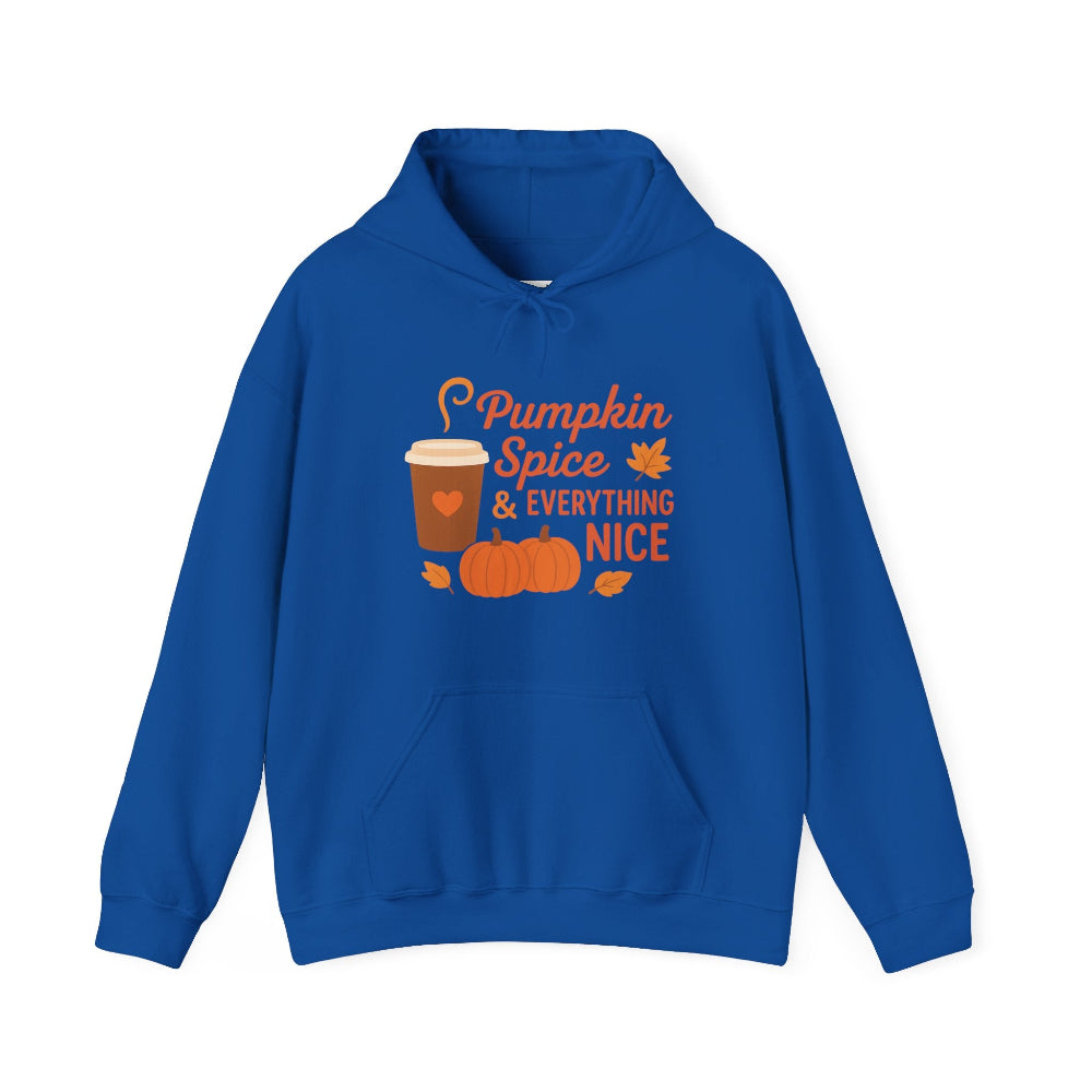 Blue hoodie with 'Pumpkin Spice & Everything Nice' text and graphics on a white background