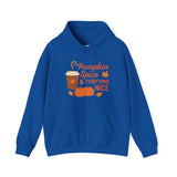 Blue hoodie with 'Pumpkin Spice & Everything Nice' text and graphics on a white background