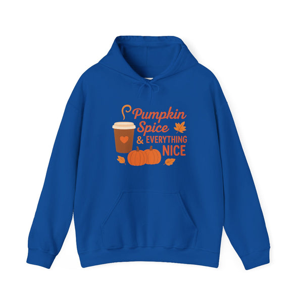 Blue hoodie with 'Pumpkin Spice & Everything Nice' text and graphics on a white background