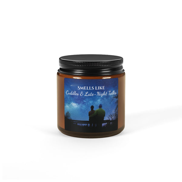 Candle jar with a label featuring a couple under a moonlit sky on a white background