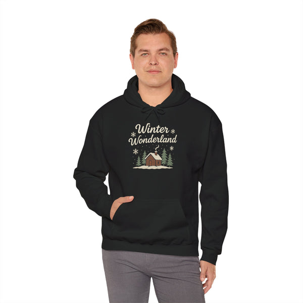 Person wearing a black hoodie with 'Winter Wonderland' design on a white background