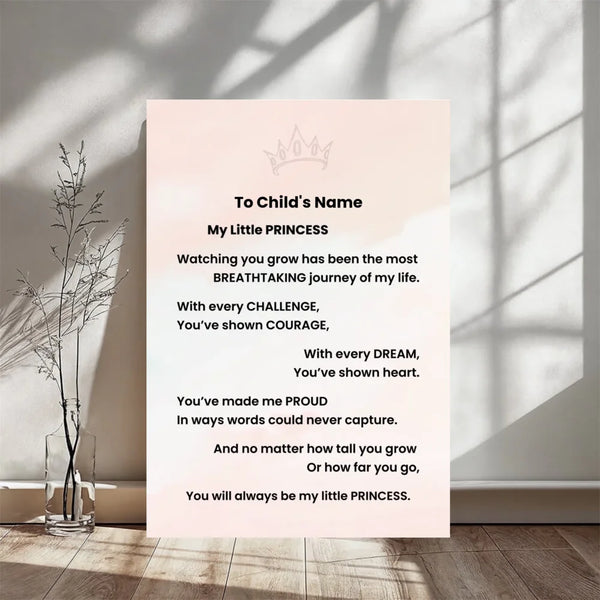 A vertical printed card with a sweet 'To Child's Name' poem titled 'My Little PRINCESS' stands against a sunlit wall. The card has a very pale blush pink background with black text and a small crown illustration at the top.