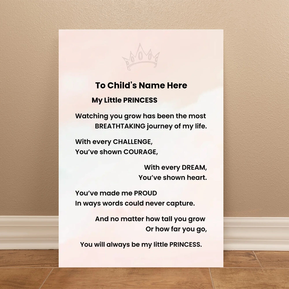 A personalized children's milestone print with a poem titled 'My Little PRINCESS' displayed on a light pink background, leaning against a beige wall on a wooden floor.