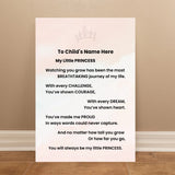 A personalized children's milestone print with a poem titled 'My Little PRINCESS' displayed on a light pink background, leaning against a beige wall on a wooden floor.