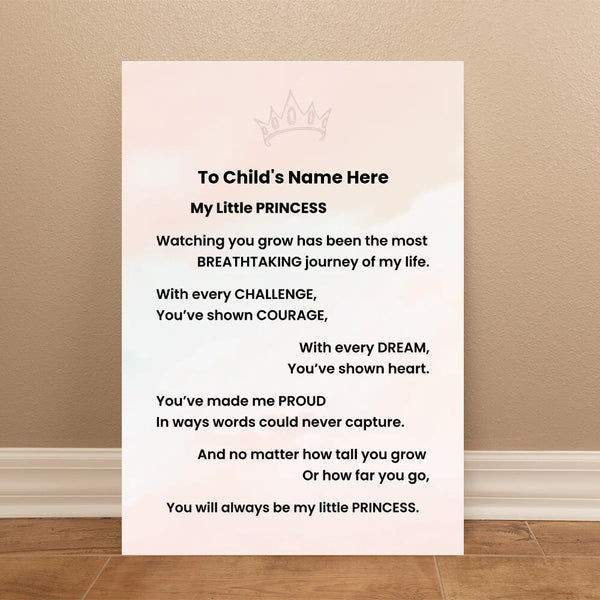 A personalized children's milestone print with a poem titled 'My Little PRINCESS' displayed on a light pink background, leaning against a beige wall on a wooden floor.