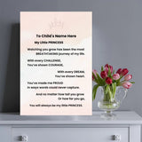 A personalized children's memorial or farewell poster displayed on a light gray cabinet next to a glass vase of pink tulips. The poster features a soft pink background with a small crown illustration at the top and a customizable text template that reads 'To Child's Name Here My Little PRINCESS [poem]'.