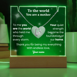 Decorative plaque with a necklace design and text on a green background