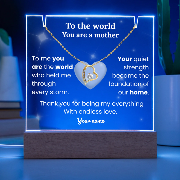 Necklace with heart pendant on a blue background with personalized text