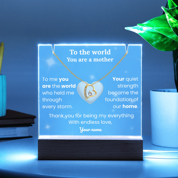 Decorative plaque with a heart-shaped necklace and personalized text on a blue background.
