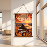 Personalized hanging wall art featuring a couple sitting on a bench by a lake at sunset, surrounded by autumn foliage. The text reads, 'If I Counted Every Blessing, I'd Count You Twice.
