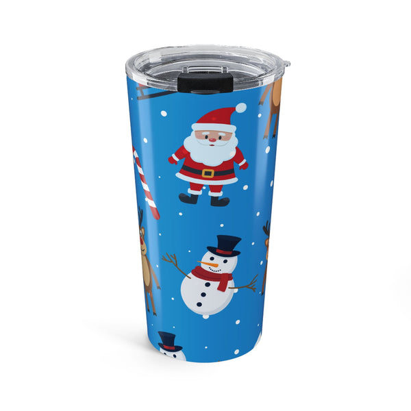 Tumbler with Christmas-themed design featuring Santa Claus and a snowman on a blue background.