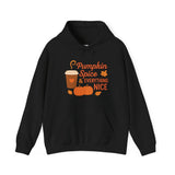 Black hoodie with 'Pumpkin Spice & Everything Nice' text and graphics on a white background
