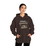Person wearing a brown hoodie with 'Winter Wonderland' design on a white background