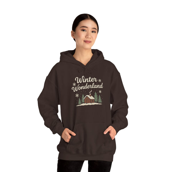 Person wearing a brown hoodie with 'Winter Wonderland' design on a white background