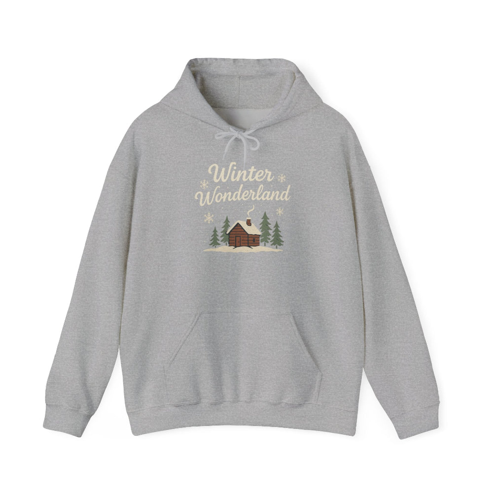 Gray hoodie with 'Winter Wonderland' design on a white background