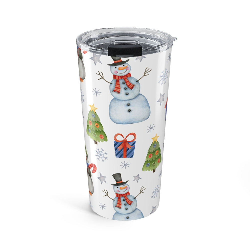 Tumbler with Christmas-themed design featuring snowmen, trees, and presents on a white background.