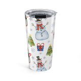 Tumbler with Christmas-themed design featuring snowmen, trees, and presents on a white background.