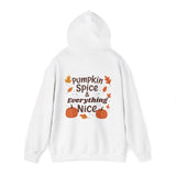 White hoodie with 'Pumpkin Spice & Everything Nice' text and pumpkins on a white background