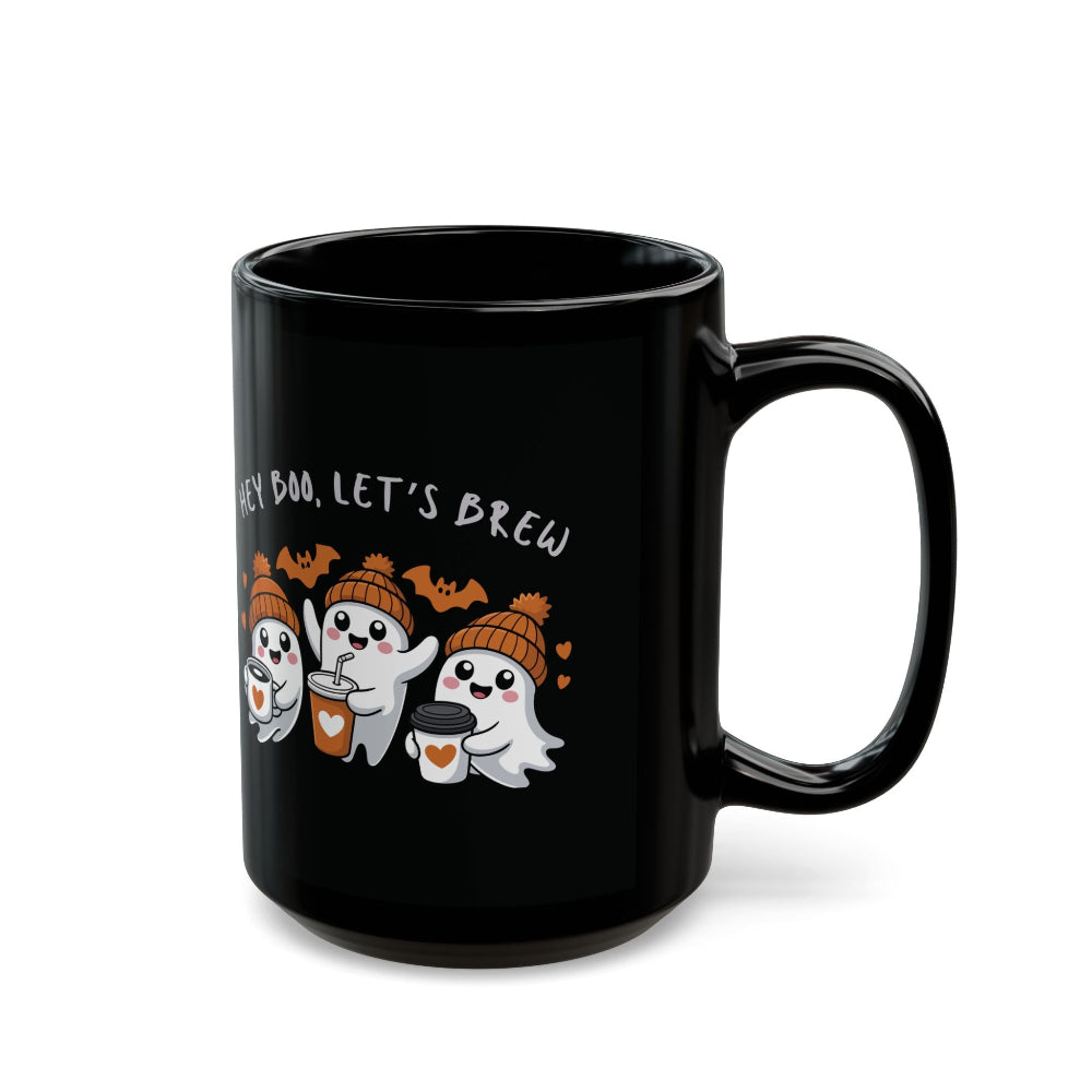Black mug with Halloween-themed design of ghosts and text 'Hey Boo, Let's Brew' on a white background