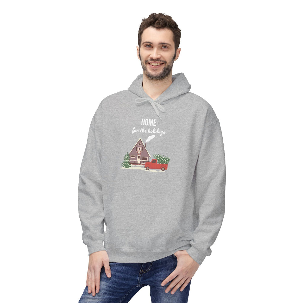Man wearing a gray hoodie with a Christmas-themed design on a white background