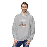 Man wearing a gray hoodie with a Christmas-themed design on a white background