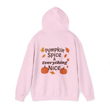 Pink hoodie with 'Pumpkin Spice & Everything Nice' text and pumpkins on a white background
