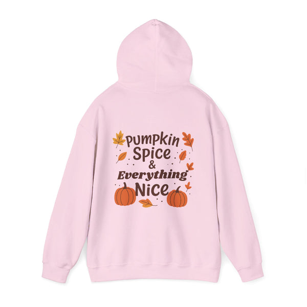 Pink hoodie with 'Pumpkin Spice & Everything Nice' text and pumpkins on a white background