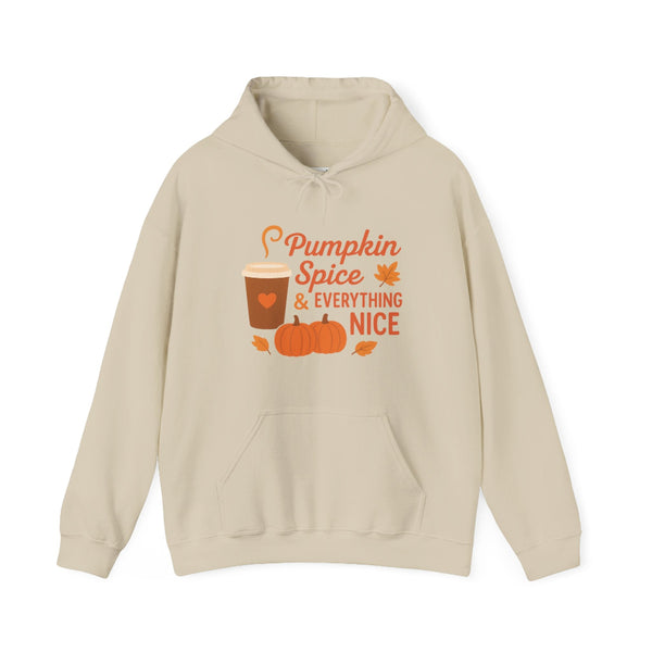 Beige hoodie with 'Pumpkin Spice & Everything Nice' text and graphics on a white background
