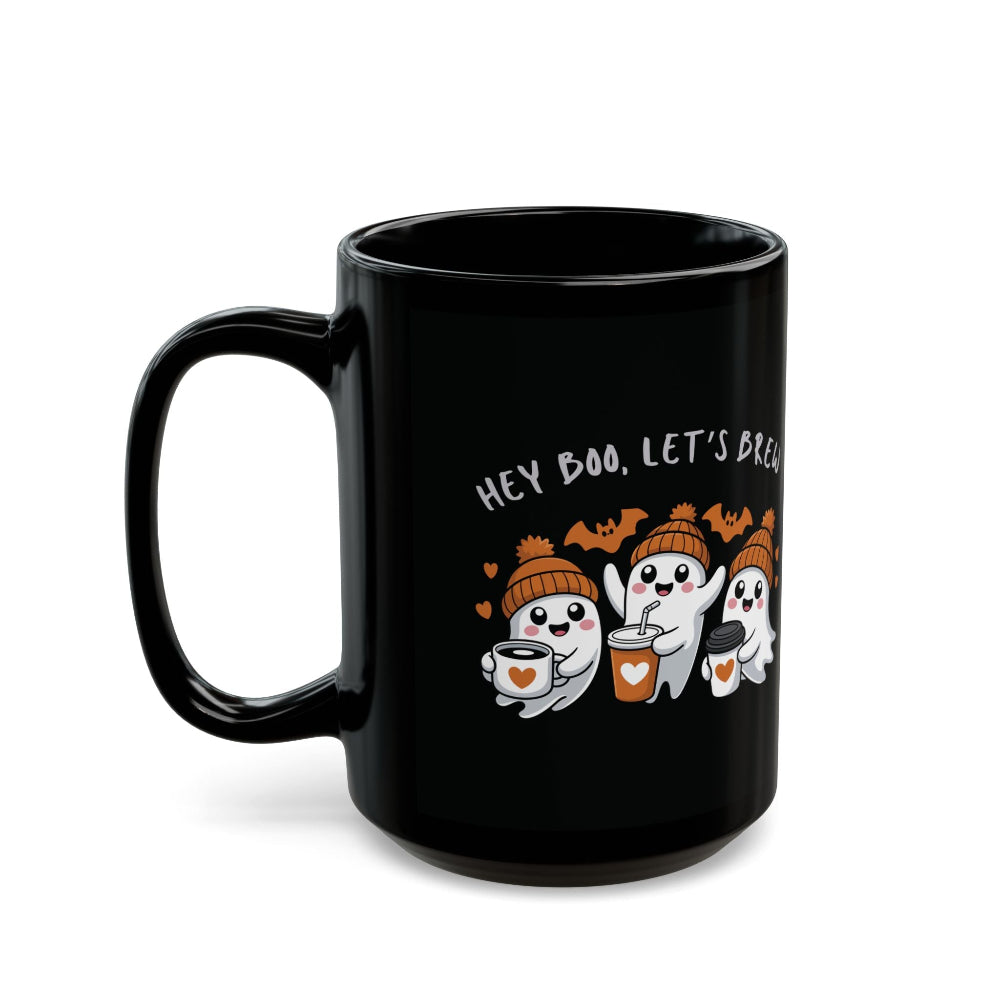 Black mug with Halloween-themed design of ghosts and text 'Hey Boo, Let's Brew' on a white background